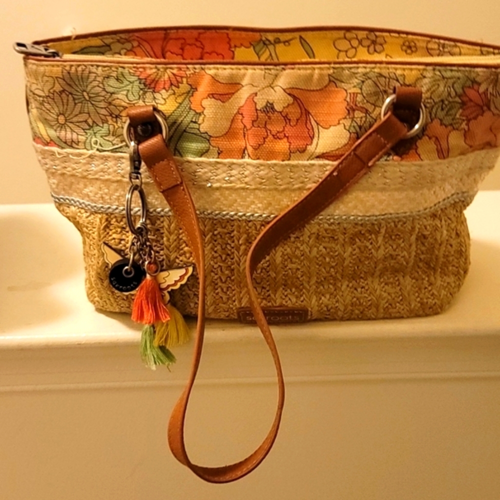 Sakroots Woman's Small Straw Satchet with butterfly and multicolor tassle chain